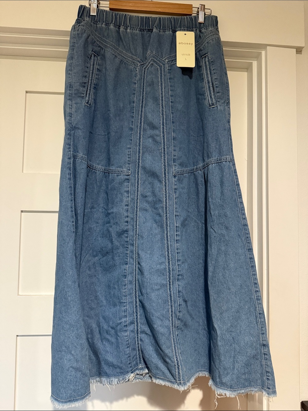 Ebossy Light Blue Denim Midi Skirt with Panel Seams